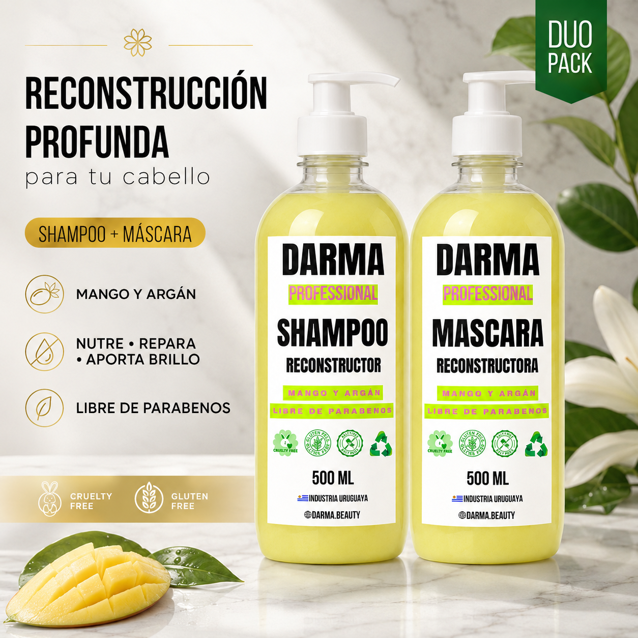 Pack Darma Professional Shampoo + Máscara Reconstructora Mango y Argán 500 ml
