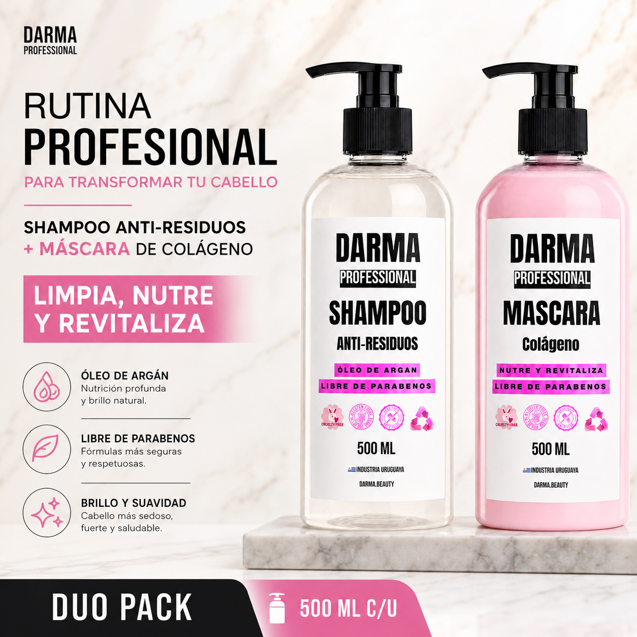 Pack Darma Professional Shampoo Anti-Residuos Alisado + Máscara Colágeno 500 ml
